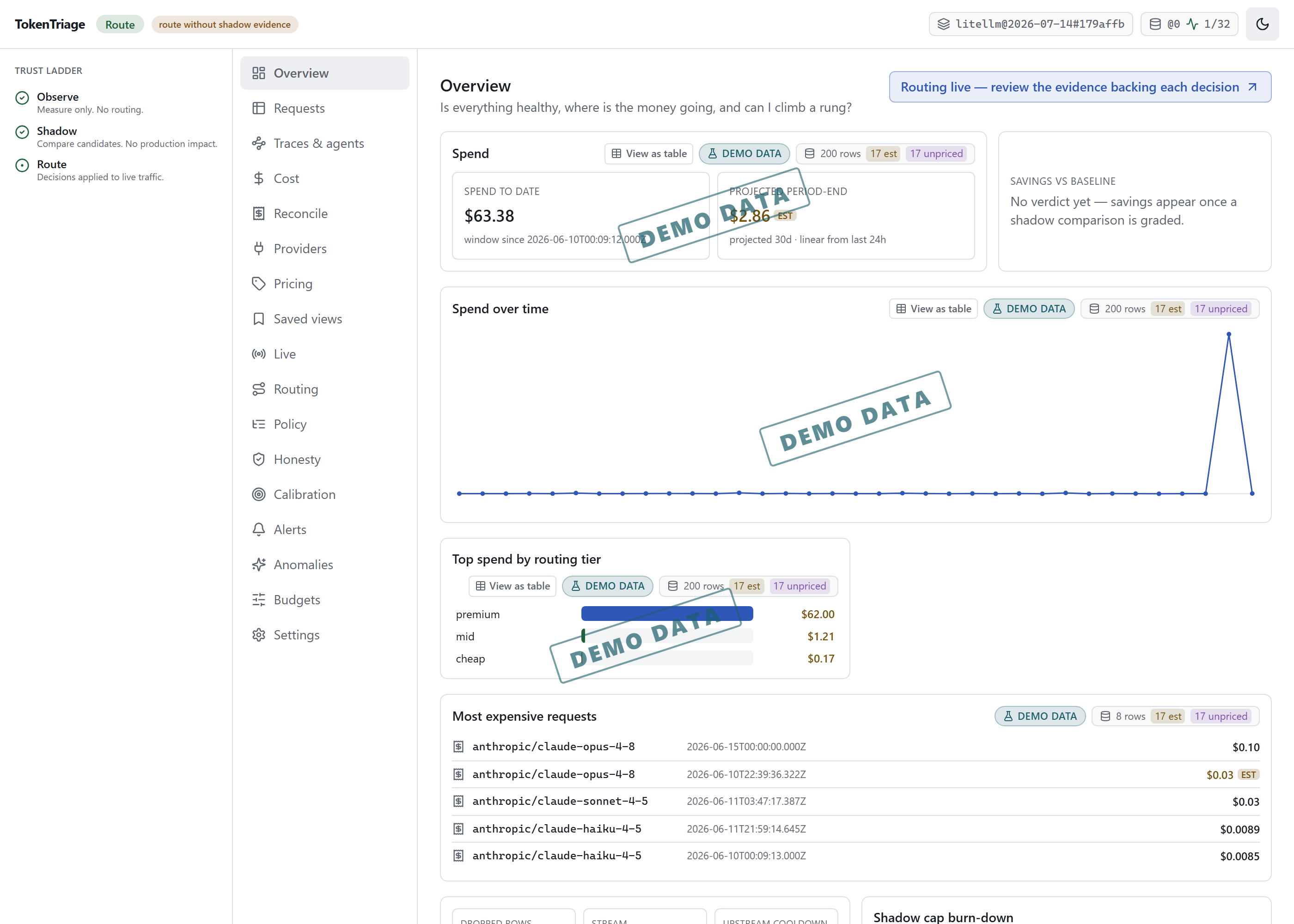 TokenTriage overview: spend to date $61.25, projected period-end, savings vs baseline with an EST flag and a verdict link, the trust-ladder sidebar, and a spend-over-time chart — all marked DEMO DATA.