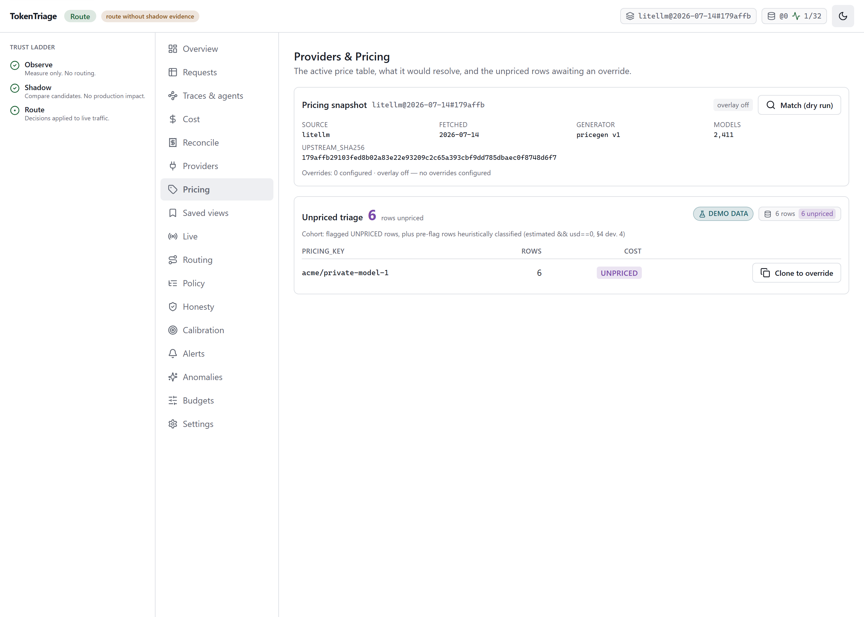 Pricing view triaging UNPRICED models — showing which models have no price and how unpriced spend is excluded rather than shown as zero.