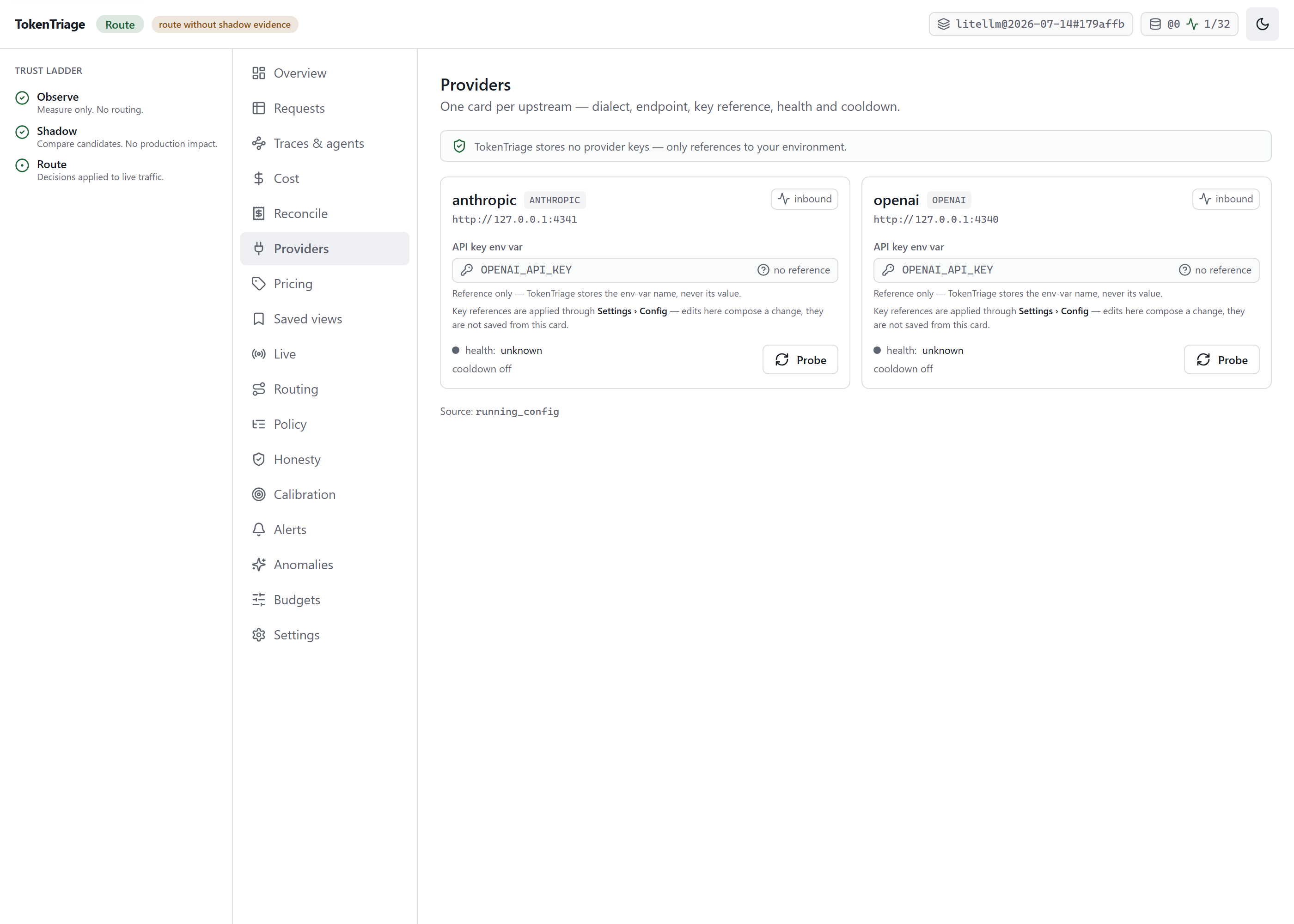 Providers view listing configured upstreams with their health and pricing status.